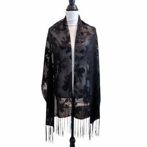 Black Shawl Wrap Boho Festival Sheer Burnout Fringed